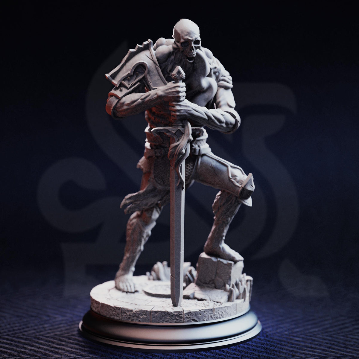 A detailed 3D model of a warrior figure holding a sword, standing on a pedestal against a dark background.