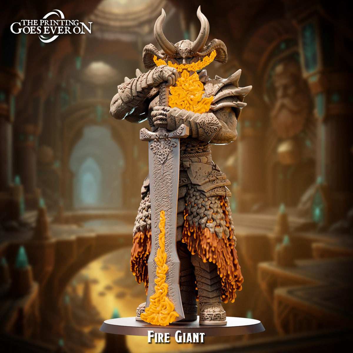 A statue of a large, armored figure holding a sword and wearing a golden, flowing robe. The figure appears to be a warrior or deity, with a fierce expression on their face. The background is a dark, ornate interior with architectural elements such as arches and columns. The statue is titled "Fire Giant" and is the central focus of the image.