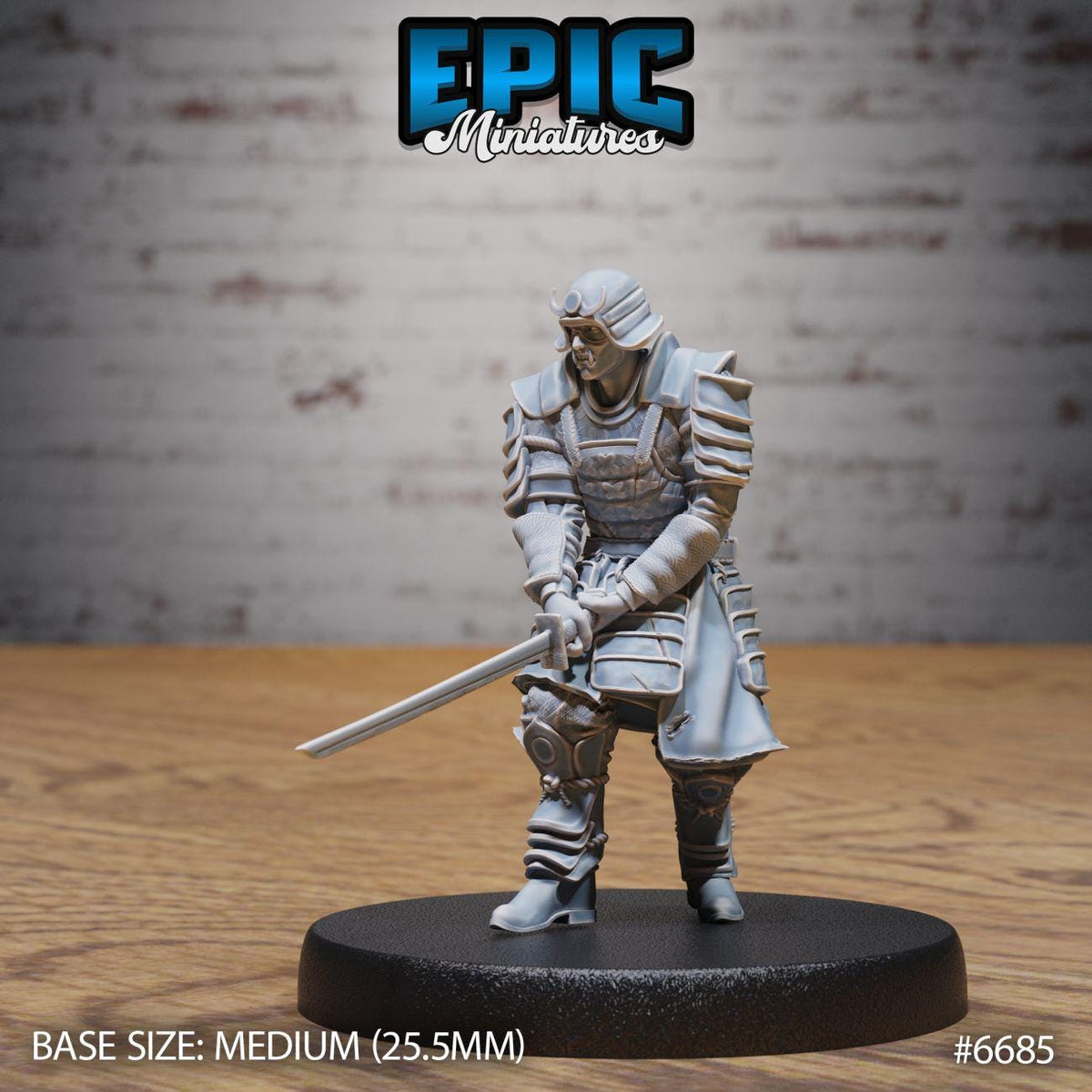 A figurine of a warrior figure holding a sword, standing on a black base.
