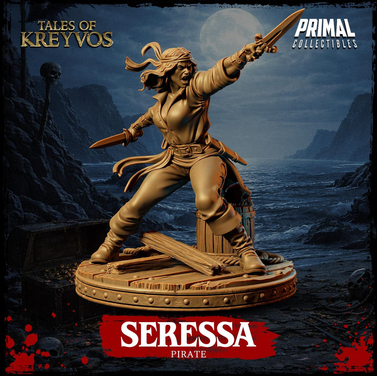 a pirate statue with a sword in one hand and a shield in the other, standing on a platform with a skull and crossbones symbol in the background.