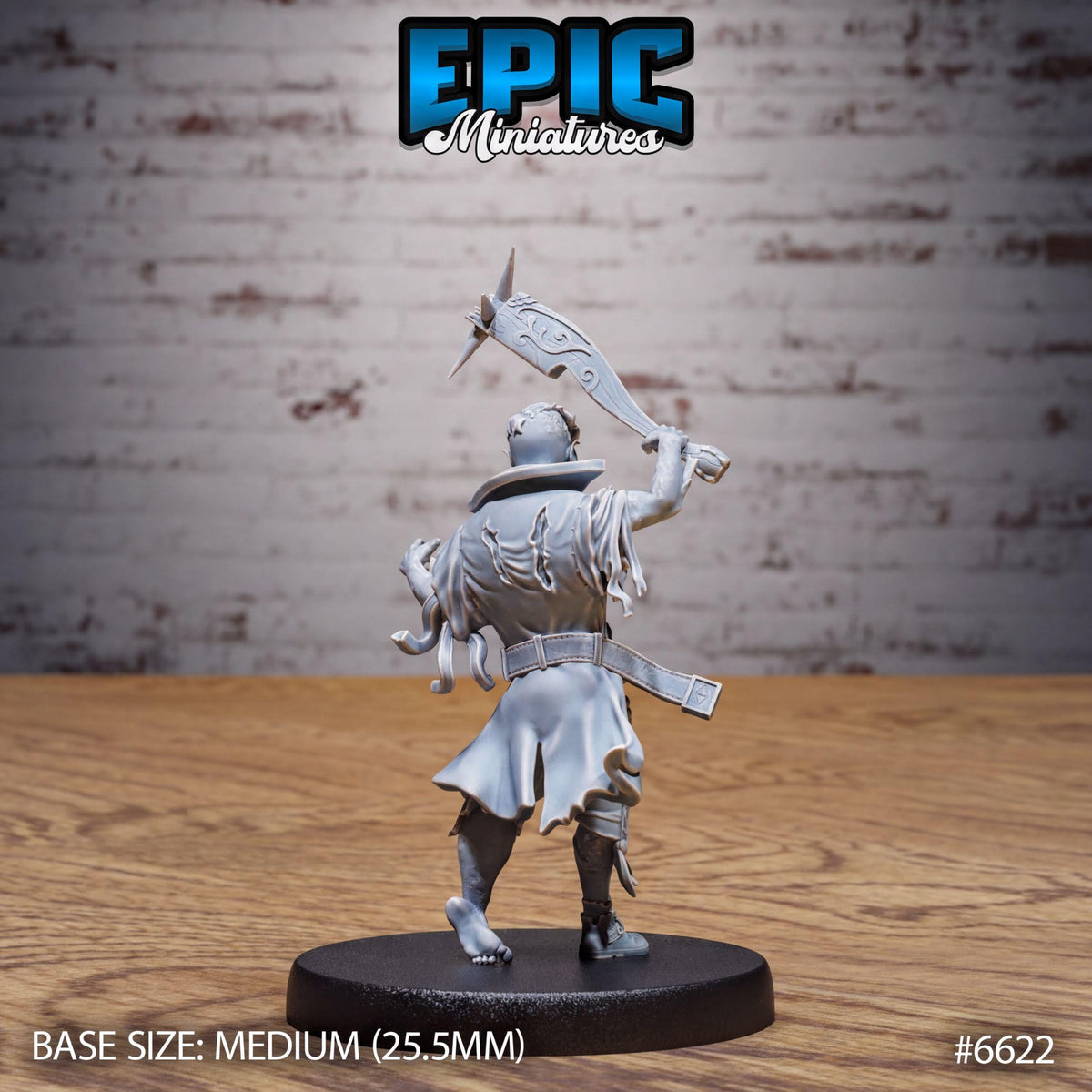 A figurine of a knight in a medieval outfit, standing on a black base and holding a sword.