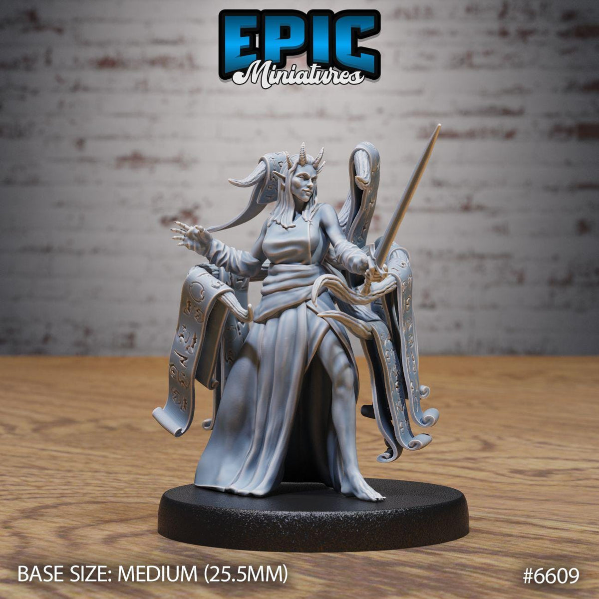 A figurine of a female character with a sword and a crown, standing on a black base. The figurine is described as a "MEDIUM" size, which is 25.5mm in length. The image is from the "EPIC Miniature" series, and it is numbered #6069.