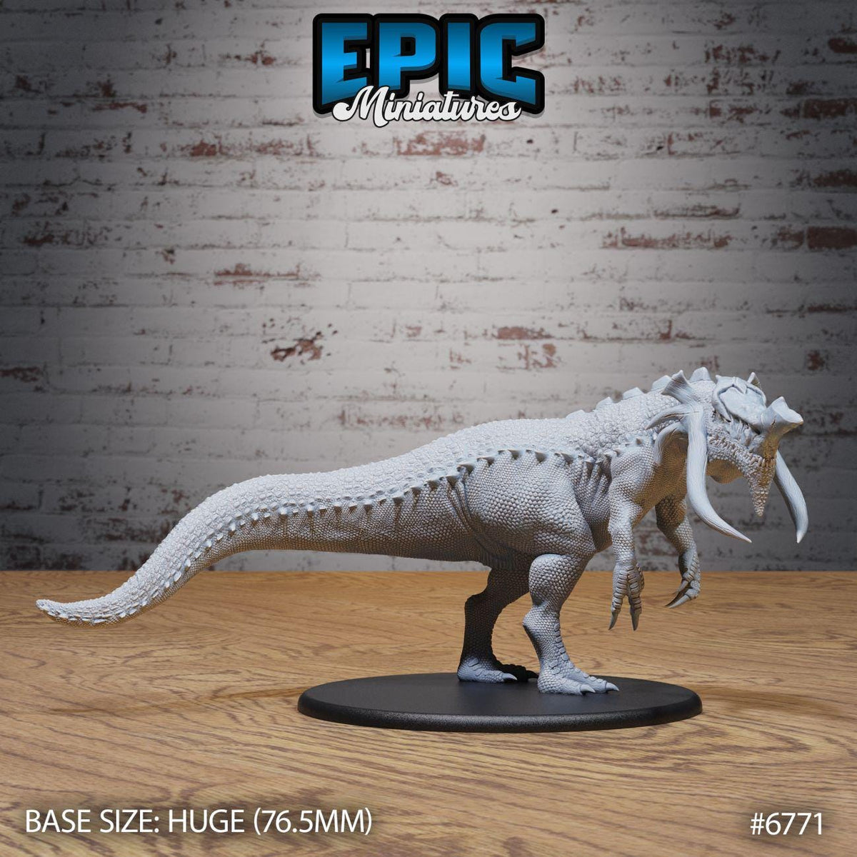 A large, detailed model of a dinosaur-like creature with a long, curved tail and sharp teeth, displayed on a black circular base.