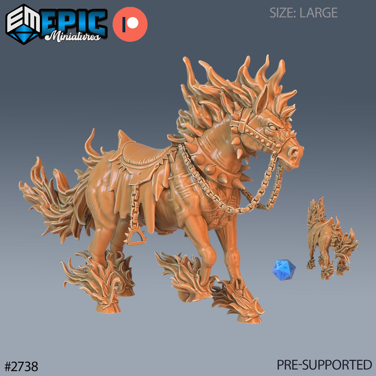 a large, detailed, and intricately designed figurine of a horse, with a chain around its neck. The horse appears to be made of a material that resembles wood or metal, and it has a unique, fiery appearance. The figurine is set against a dark background, which highlights its intricate details and craftsmanship.