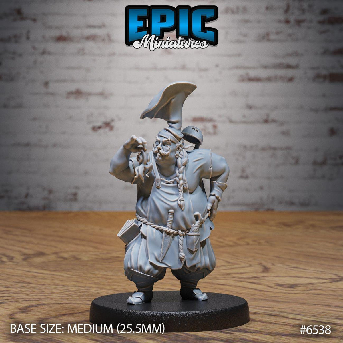A figurine of a character with a large hat and a bag, standing on a black base.