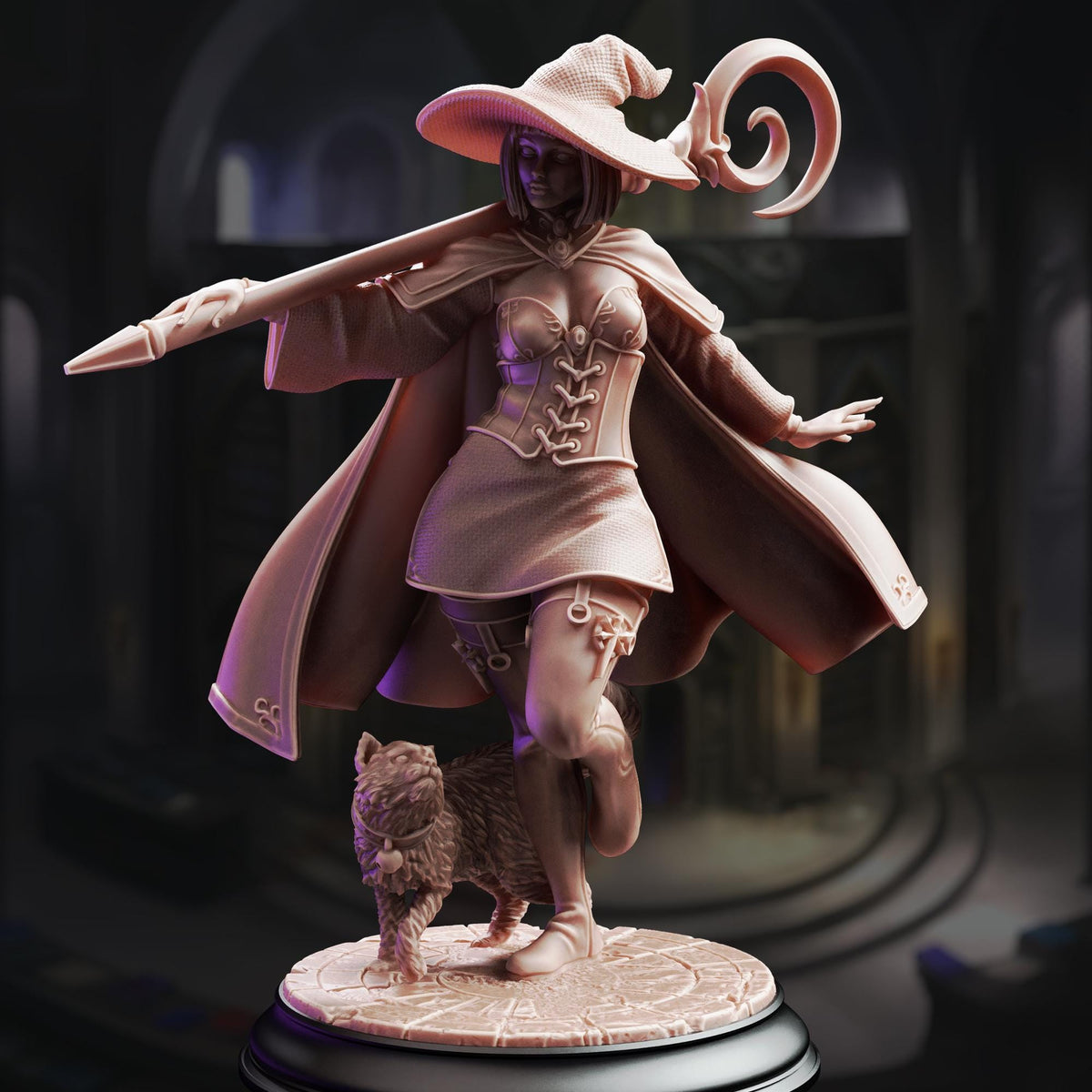 A detailed 3D model of a witch-like character with a pointed hat, standing on a pedestal and holding a staff.