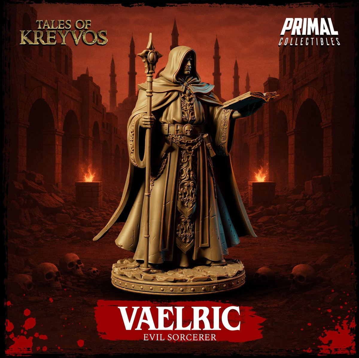 a statue of a wizard or evil Sorcerer standing in a dark, ominous setting with a red sky and silhouettes of buildings in the background.
