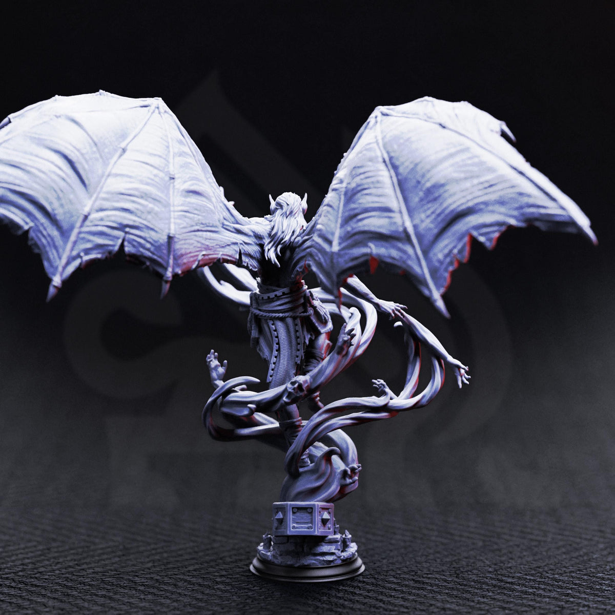 A detailed 3D model of a winged creature with intricate details, including a bat-like body and a long, flowing tail.