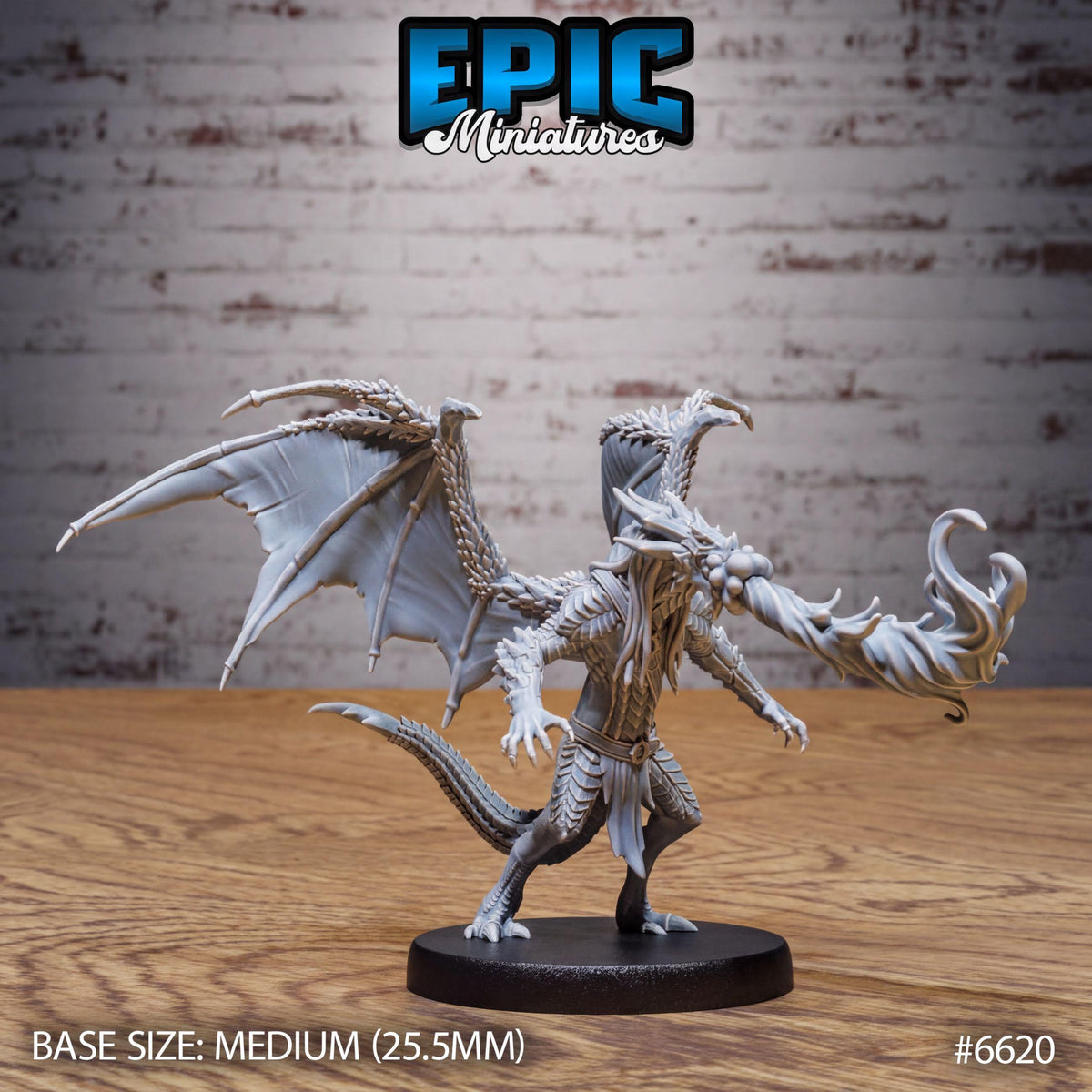 A detailed model of a winged dragon-like creature with sharp teeth and claws, standing on a black base. The dragon is depicted in a dynamic pose, with its wings spread wide and its mouth open, ready to attack. The background is a simple brick wall, providing a stark contrast to the intricate details of the dragon model. The image is labeled with the text "EPIC Miniature" and "BASE SIZE: MEDIUM (25.5MM)" indicating the scale and size of the model.