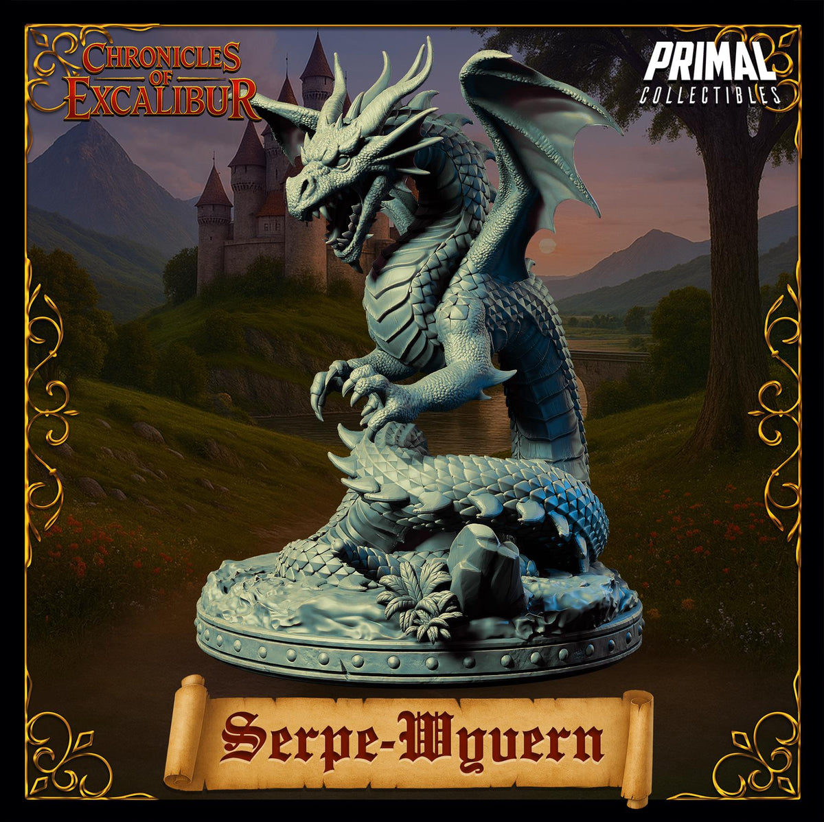 a large, detailed statue of a dragon, with intricate details and a majestic appearance. The dragon is posed in a dynamic, fighting stance, with its wings spread wide and its mouth open, giving it a fierce and imposing presence. The statue is set against a backdrop of a castle, adding to the overall grandeur and majesty of the scene. The name 'Serpe-Wyvern' is prominently displayed in the image, indicating the specific nature of this statue.