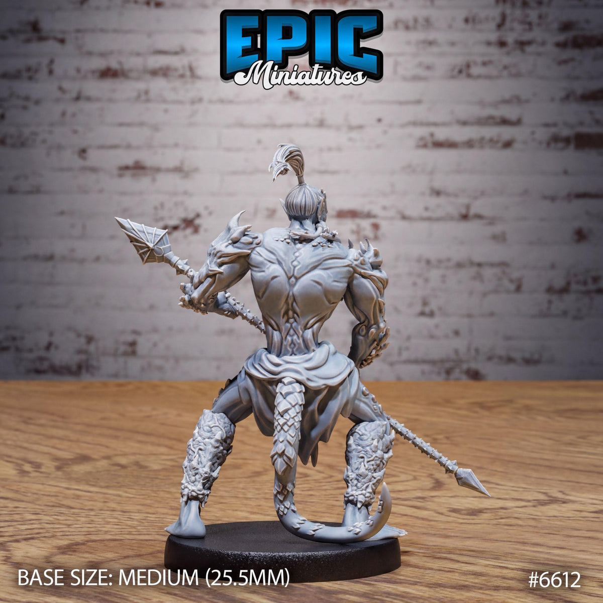 A detailed 3D model of a warrior figure, likely from the video game Epic Miniatures, is displayed on a wooden surface against a brick wall background.