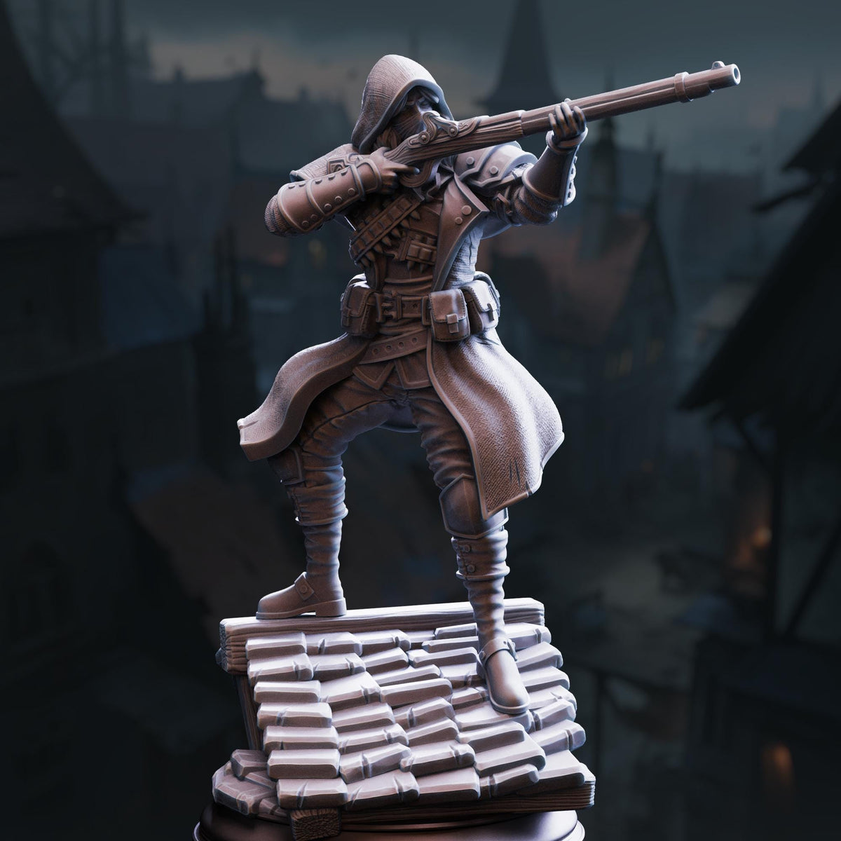 A 3D rendering of a figure holding a gun and standing on a pile of books, with a dark, atmospheric background.