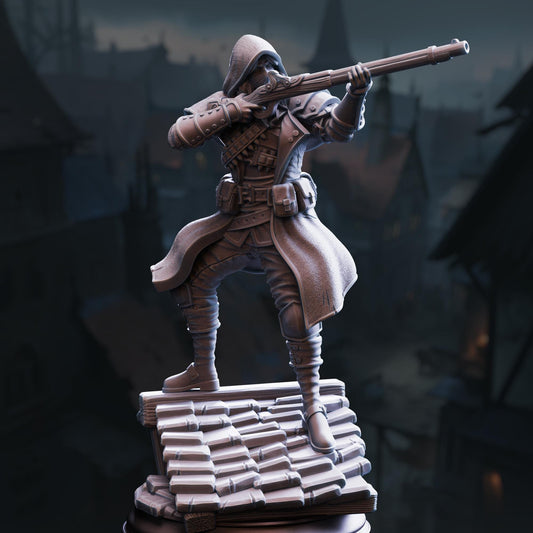 A 3D rendering of a figure holding a gun and standing on a pile of books, with a dark, atmospheric background.