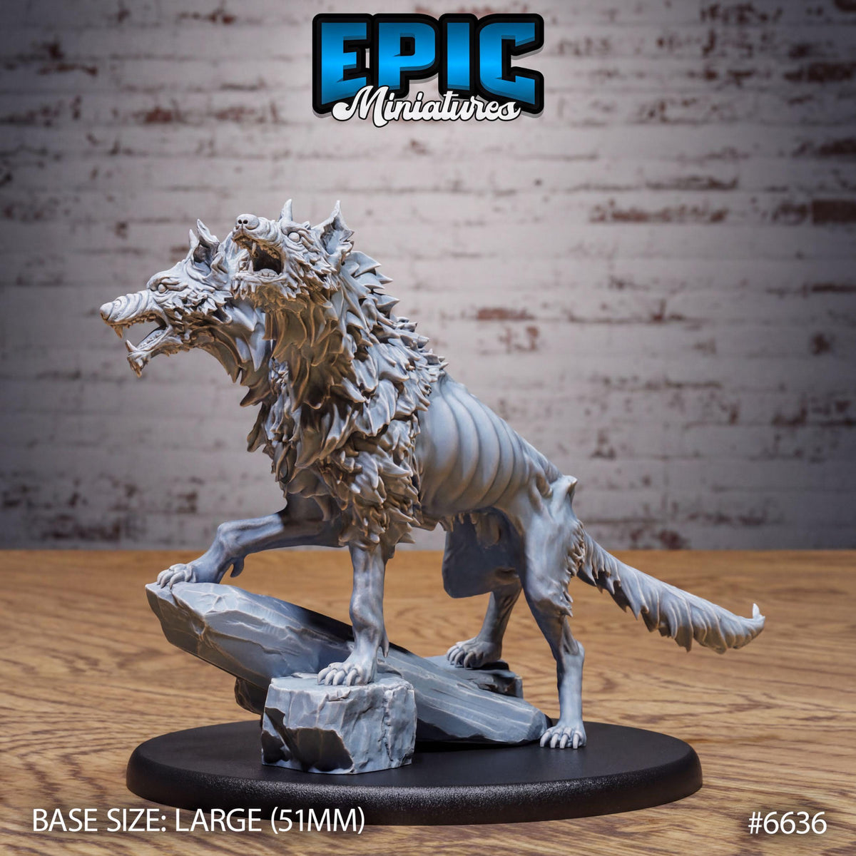 A large scale model of a mythical creature, resembling a wolf or a wolf-like animal, with a fierce expression and sharp teeth. The creature is standing on a rock formation, which is placed on a black base. The background is a brick wall, providing a rustic and natural setting for the model. The image is labeled with the text "Epic Miniaturies" and "BASE SIZE: LARGE (51MM)" indicating the scale and size of the model.