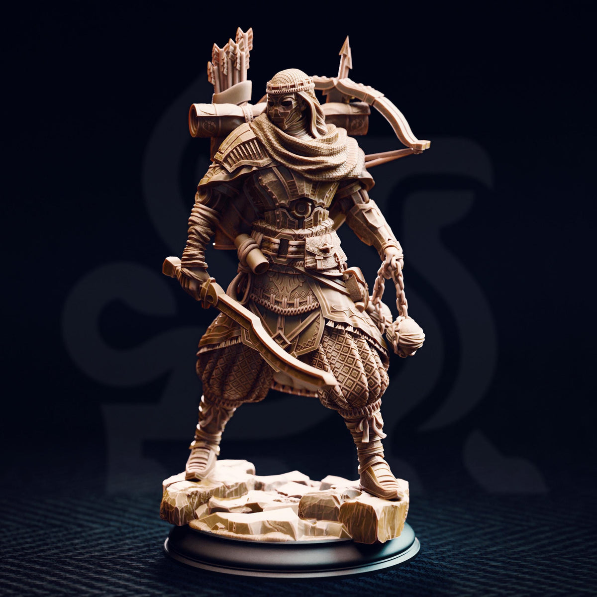 A detailed 3D model of a warrior figure, wearing a headdress and holding various weapons, stands on a base against a dark background.