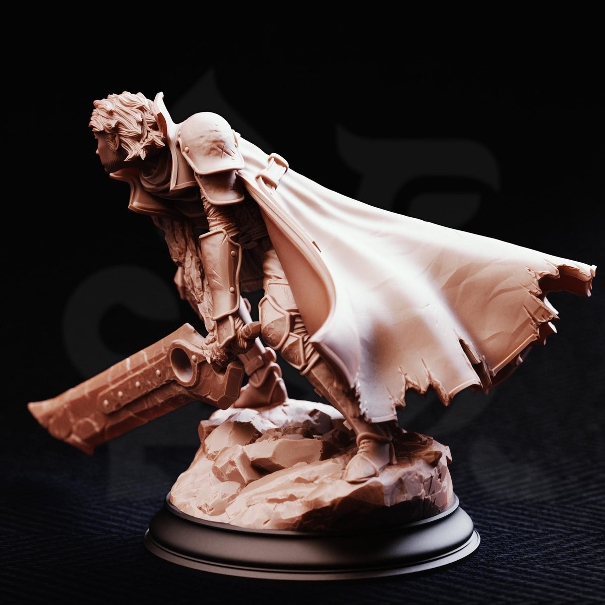 A detailed 3D model of a warrior figure, holding a sword and shield, standing on a rocky base.