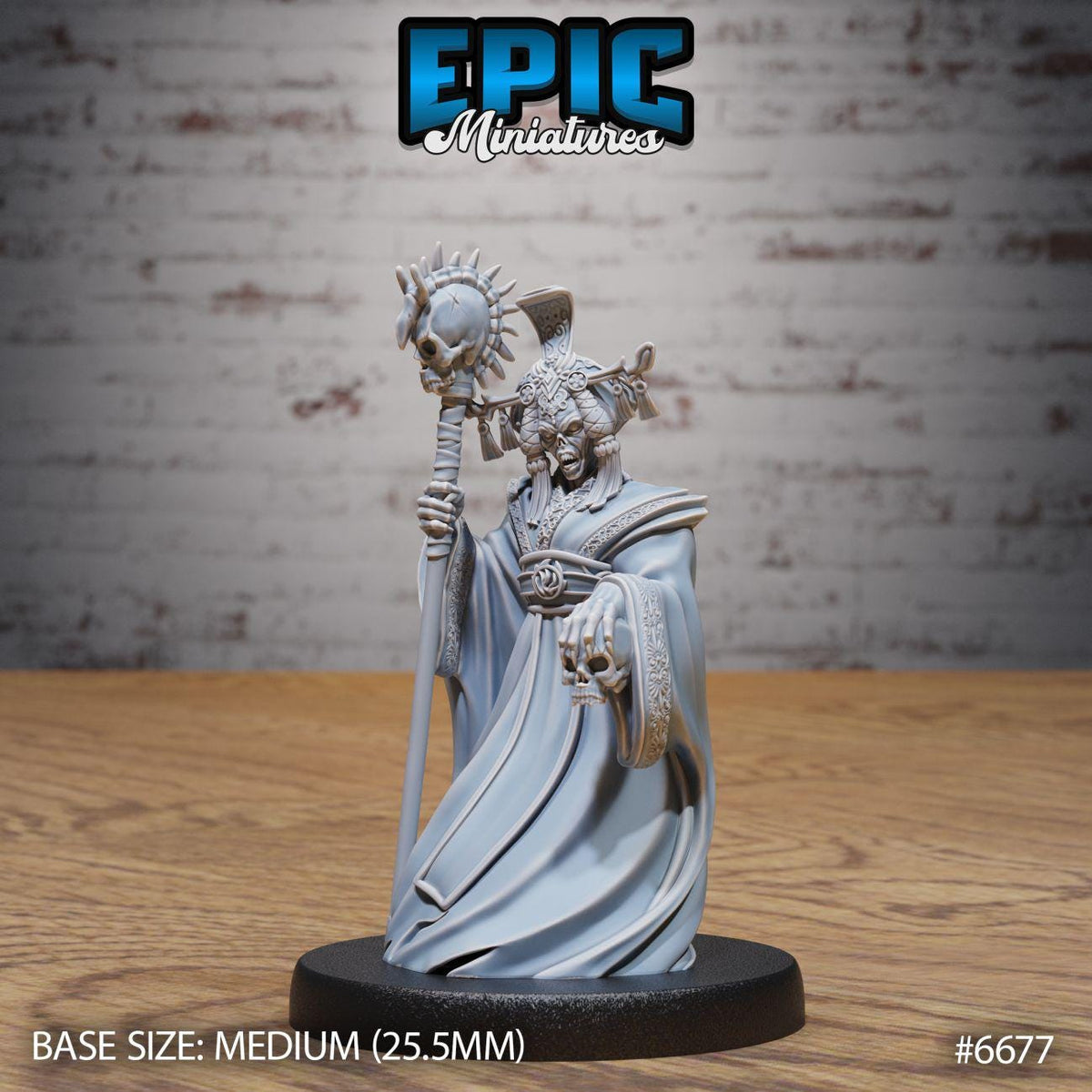 A figurine of a deity or magical being, possibly a wizard or deity, is displayed on a wooden surface against a brick wall background.