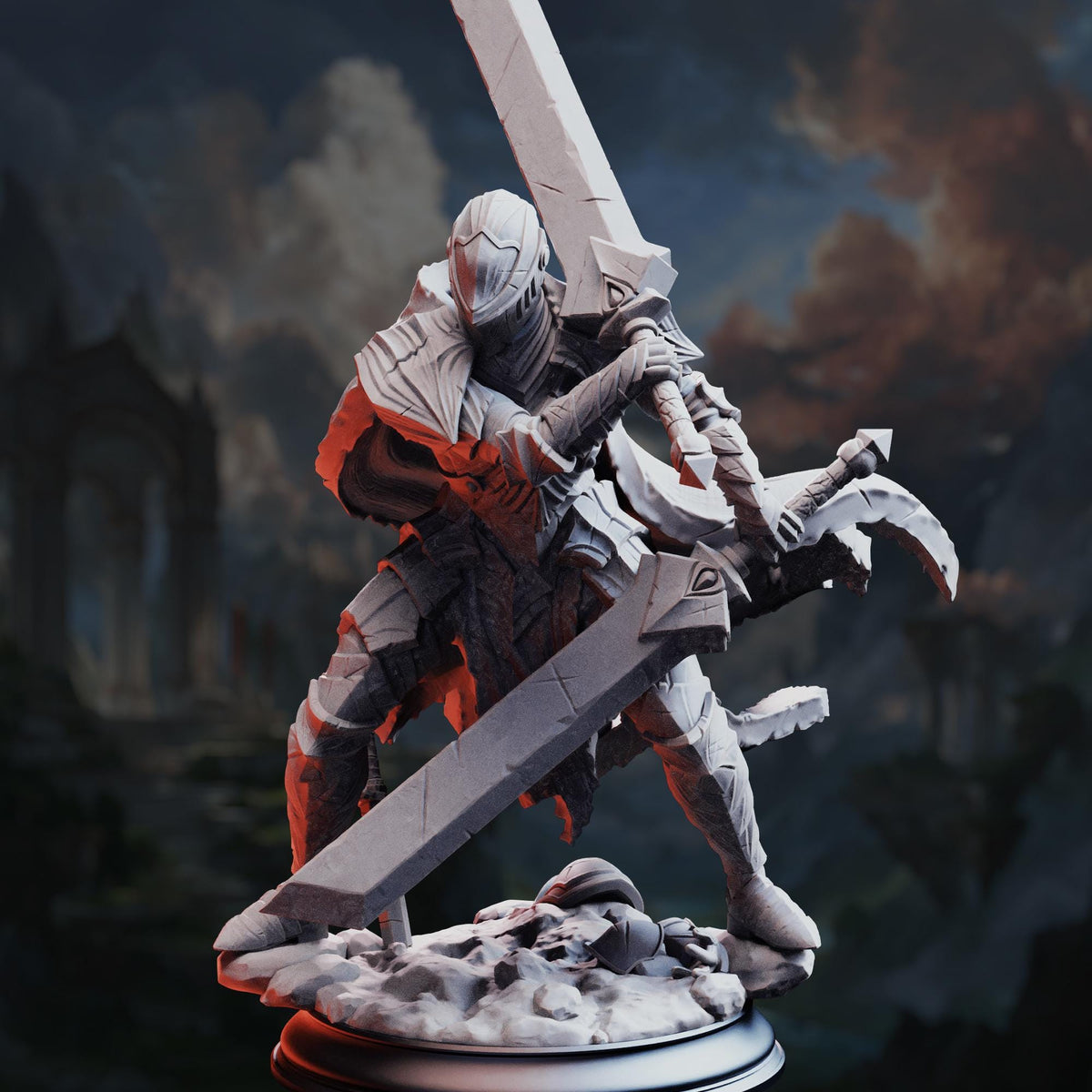 A detailed 3D model of a warrior figure wielding a large sword and shield, set against a dark, fantastical background.