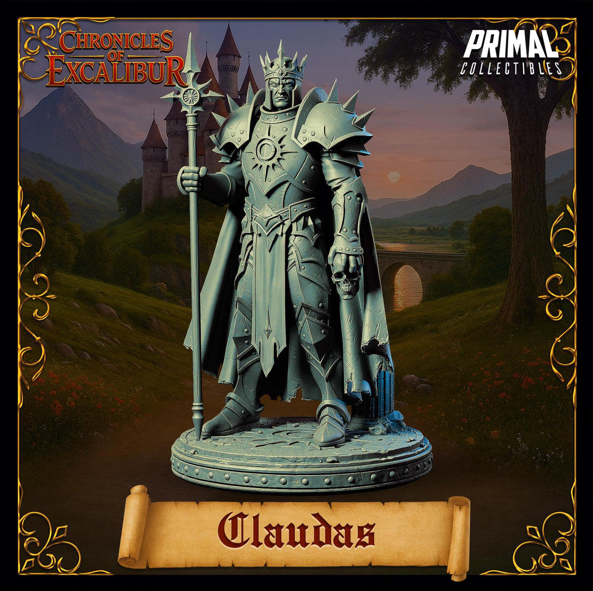 A statue of a knight in armor, standing in a fantasy setting with a castle in the background.