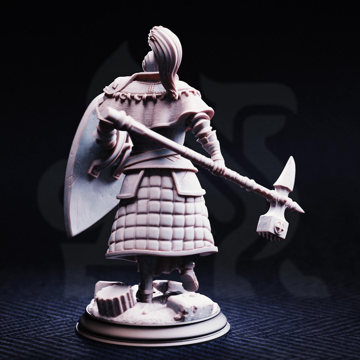 A figurine of a person holding a shield and a large weapon, standing on a base.