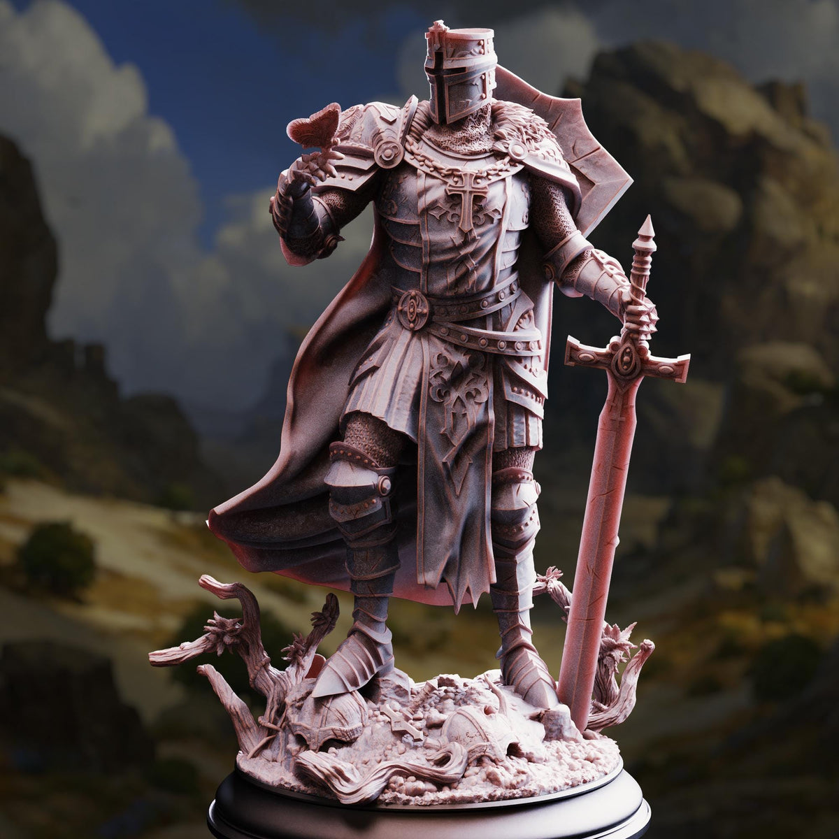 A detailed 3D model of a knight in shining armor, holding a sword and standing on a rocky outcropping against a backdrop of a mountainous landscape.
