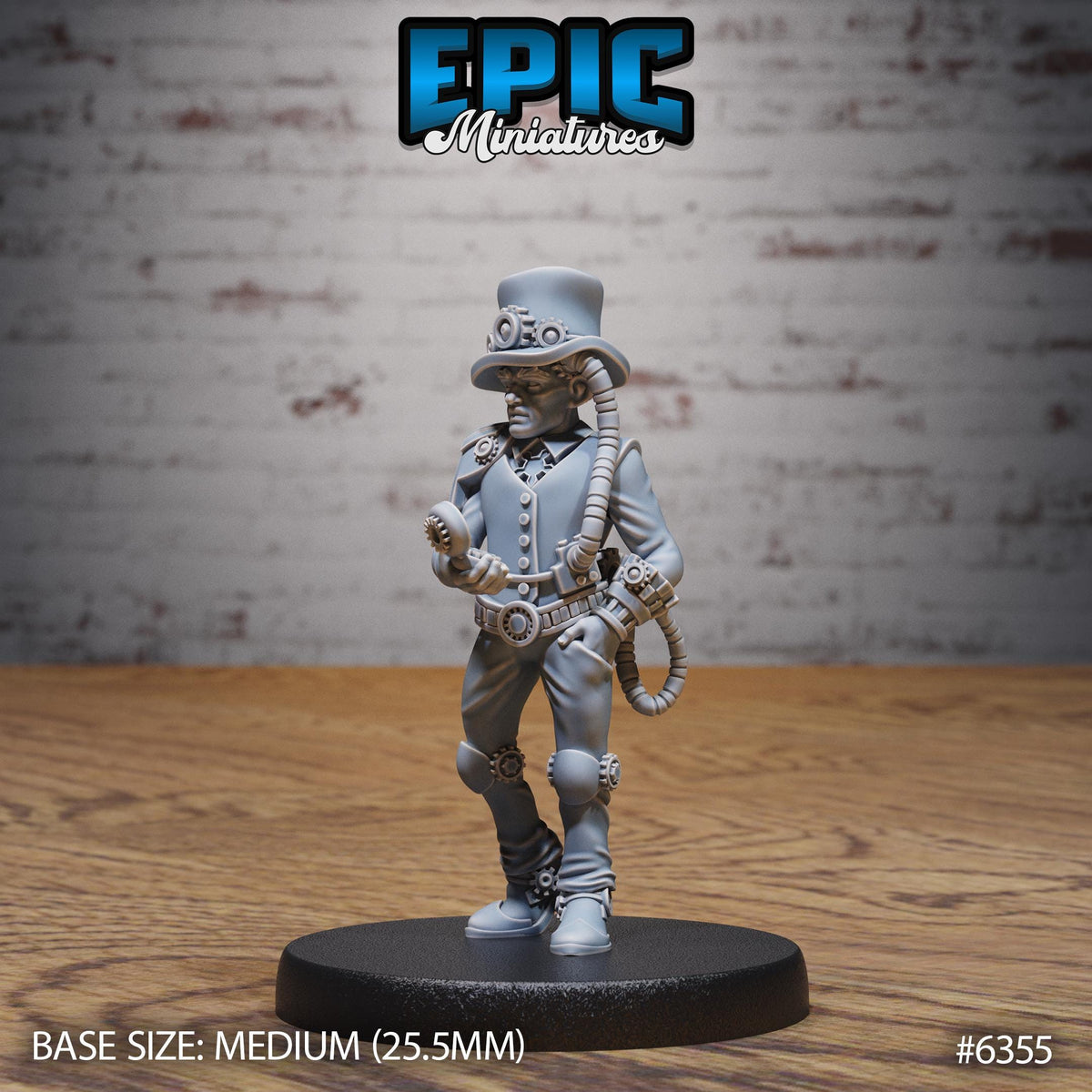 A figurine of a steampunk-style character wearing a top hat and holding a tool, standing on a black base.
