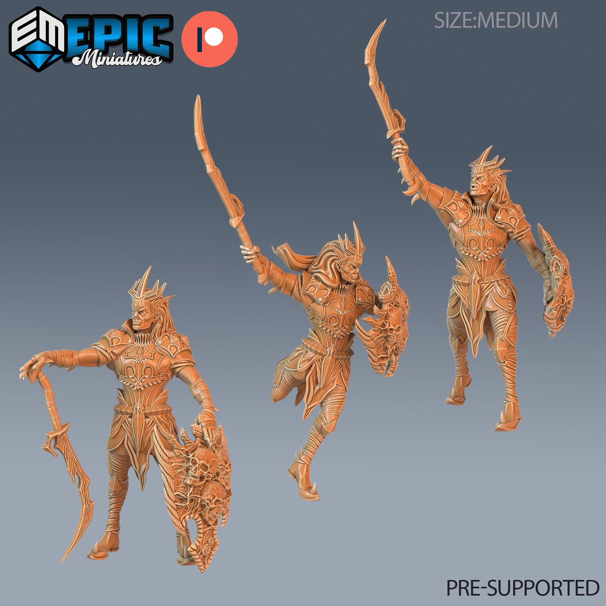 three detailed 3D models of fantasy characters, each holding a sword and shield, set against a gray background.