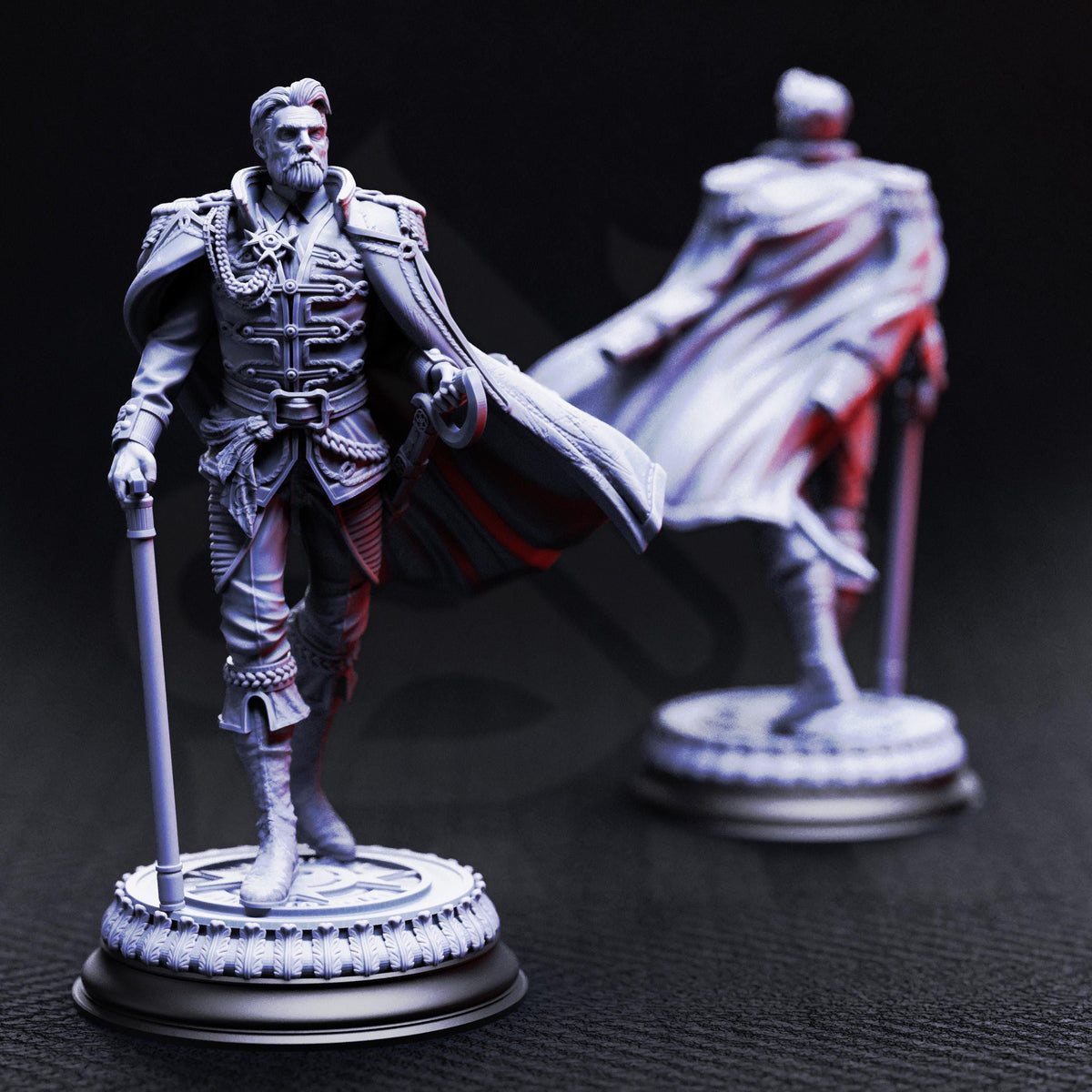 two figurines of a man in a military uniform, standing on a pedestal.