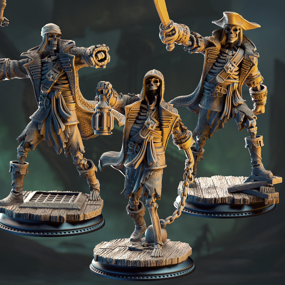 three pirate-themed figurines, each with unique poses and accessories, set against a dark background.