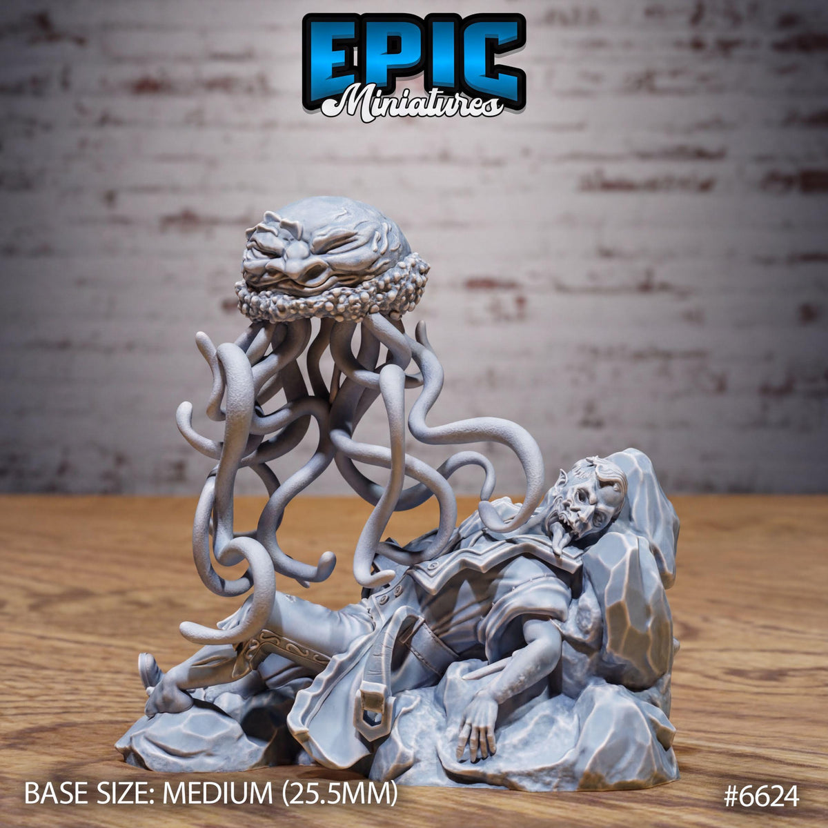 A 3D model of a miniature figurine depicting a large, twisted, and distorted creature with tentacles, resembling a monster or an alien-like being. The figurine is placed on a wooden surface, and the background is a brick wall.