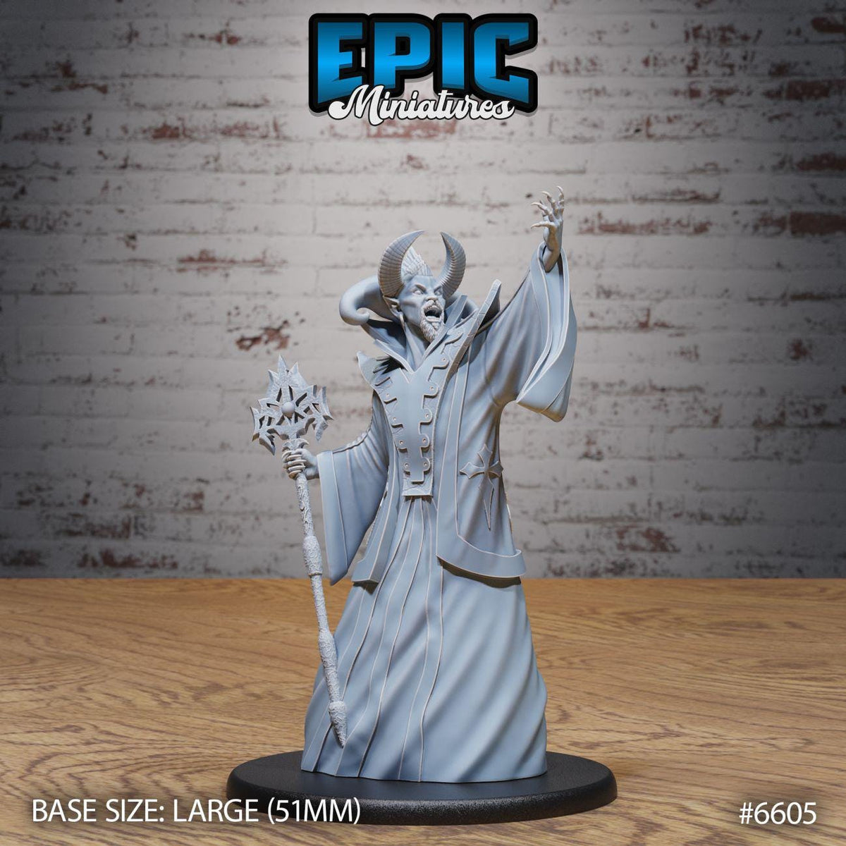 A 3D model of a character with horns and a flowing robe, standing on a black base and holding a staff. The background is a brick wall.