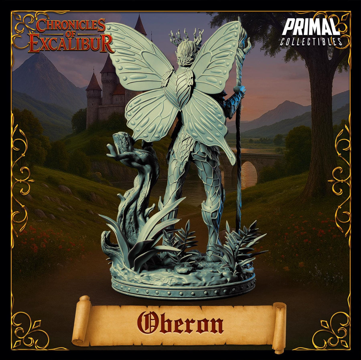 a statue of a winged creature, possibly a fairy or dragon, standing on a pedestal with the name "Oberon" written below it. The background of the image includes a castle and a landscape with mountains, creating a fantastical and magical atmosphere.