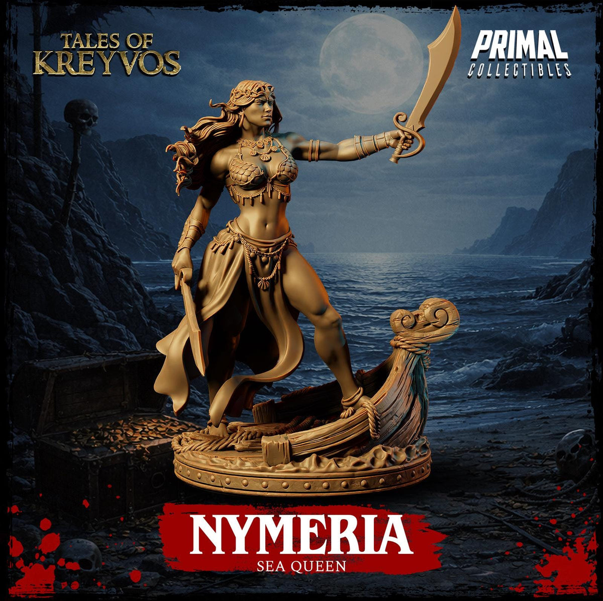 The image is a promotional poster for a fantasy game called "Nymeria Sea Queen". It features a golden statue of a female warrior standing on a boat, holding a sword in her right hand and a shield in her left hand. The background depicts a dark, stormy sea with a large moon in the sky. The title "Tales of Kreyvos" is displayed at the top, and the game's name "Nymeria Sea Queen" is written at the bottom.
