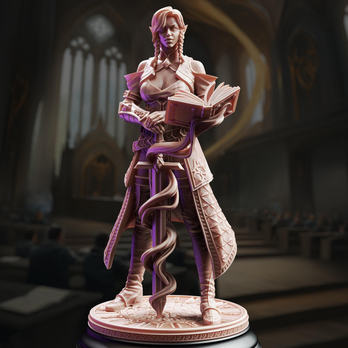 A detailed 3D model of a female character, possibly a princess or warrior, standing in a grand, ornate room with arched windows and a high ceiling.