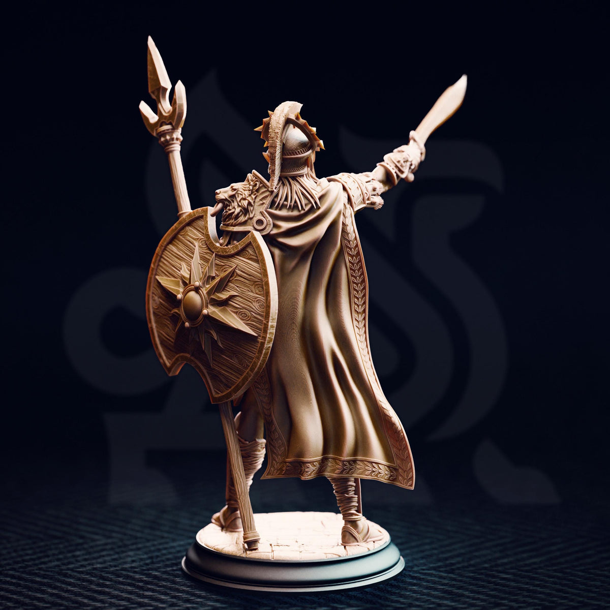 A bronze statue of a warrior standing with a shield and sword, with his arms raised in a fighting stance.
