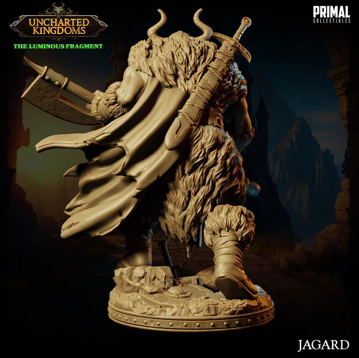 A detailed 3D model of a fantasy character, specifically Jagger, from the video game "Uncharted Kingdoms". The character is depicted in a dynamic pose, holding a large sword and wearing a cape. The background features a dark, mountainous landscape, which adds to the overall atmosphere of the game.