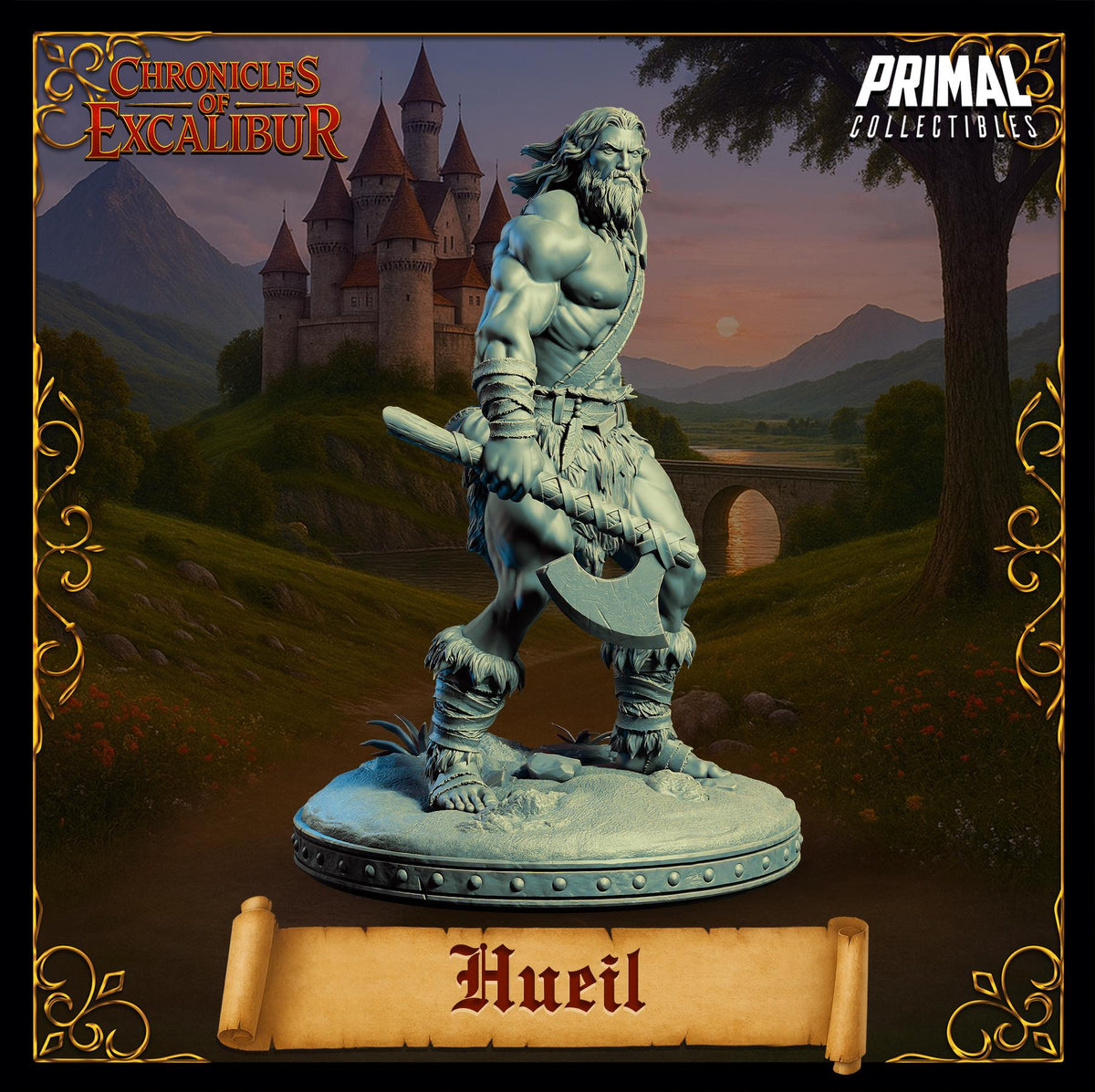 A statue of a muscular, bearded warrior figure holding a sword and shield, standing in front of a castle-like structure against a mountainous landscape.