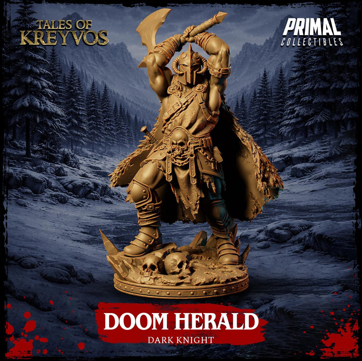 a detailed, golden-colored warrior figure in a fighting stance, holding a sword and shield, set against a snowy, mountainous landscape.