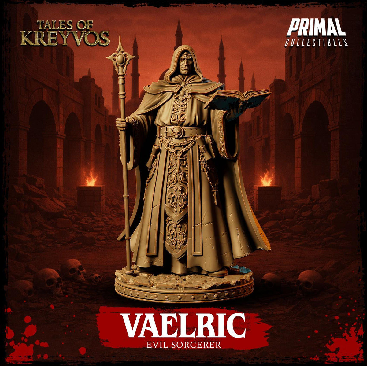a statue of a wizard or evil Sorcerer, standing in a dark and ominous setting with a castle or ruins in the background.