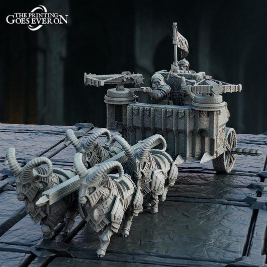 A detailed 3D rendering of a fantasy-style armored vehicle, featuring intricate mechanical details and a large flag on top.