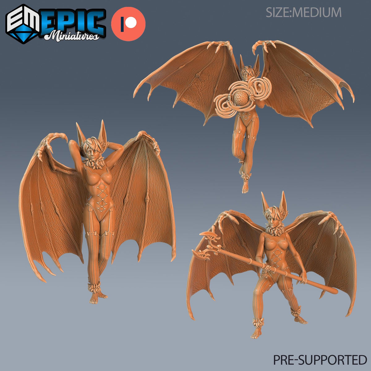 three detailed 3D models of bat-like creatures, each with unique features and poses. The creatures are depicted in various positions, showcasing their intricate designs and the complexity of their forms. The image is pre-supported, meaning it is not a standalone image and is part of a larger collection or series.