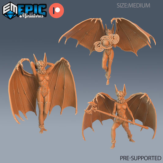 three detailed 3D models of bat-like creatures, each with unique features and poses. The creatures are depicted in various positions, showcasing their intricate designs and the complexity of their forms. The image is pre-supported, meaning it is not a standalone image and is part of a larger collection or series.