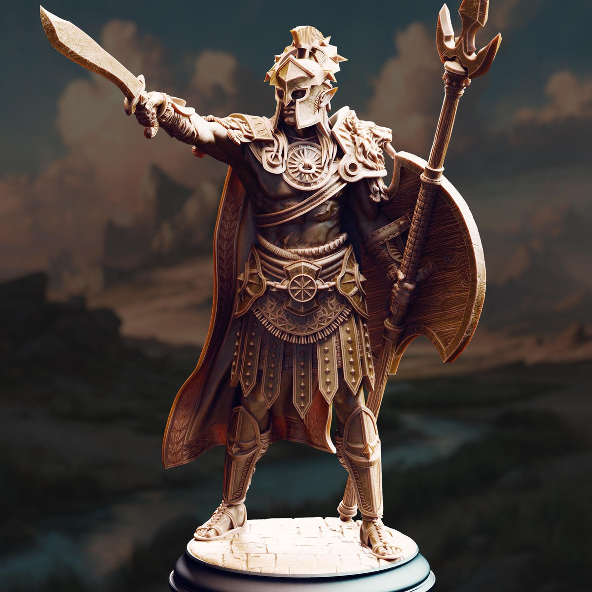 A bronze statue of a warrior standing with a sword and shield, wearing a helmet with a crown, and holding a staff.