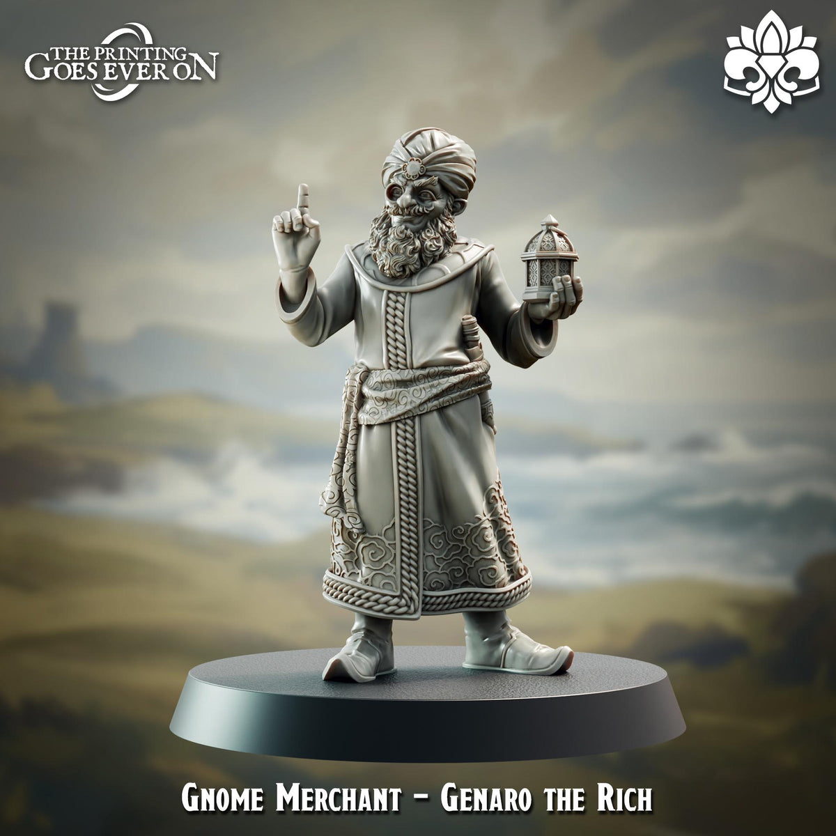 A figurine of a gnome-like character, wearing a robe and holding a small birdcage, standing on a platform against a blurred landscape background.