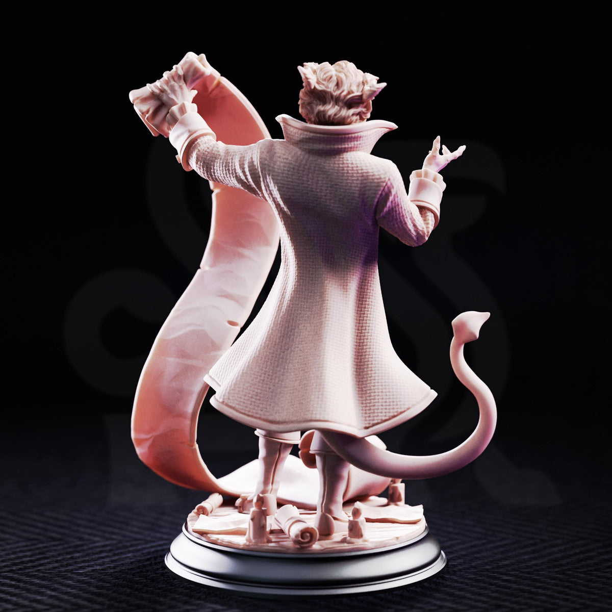 A figurine of a person in a long coat holding a large object, standing on a platform against a dark background.