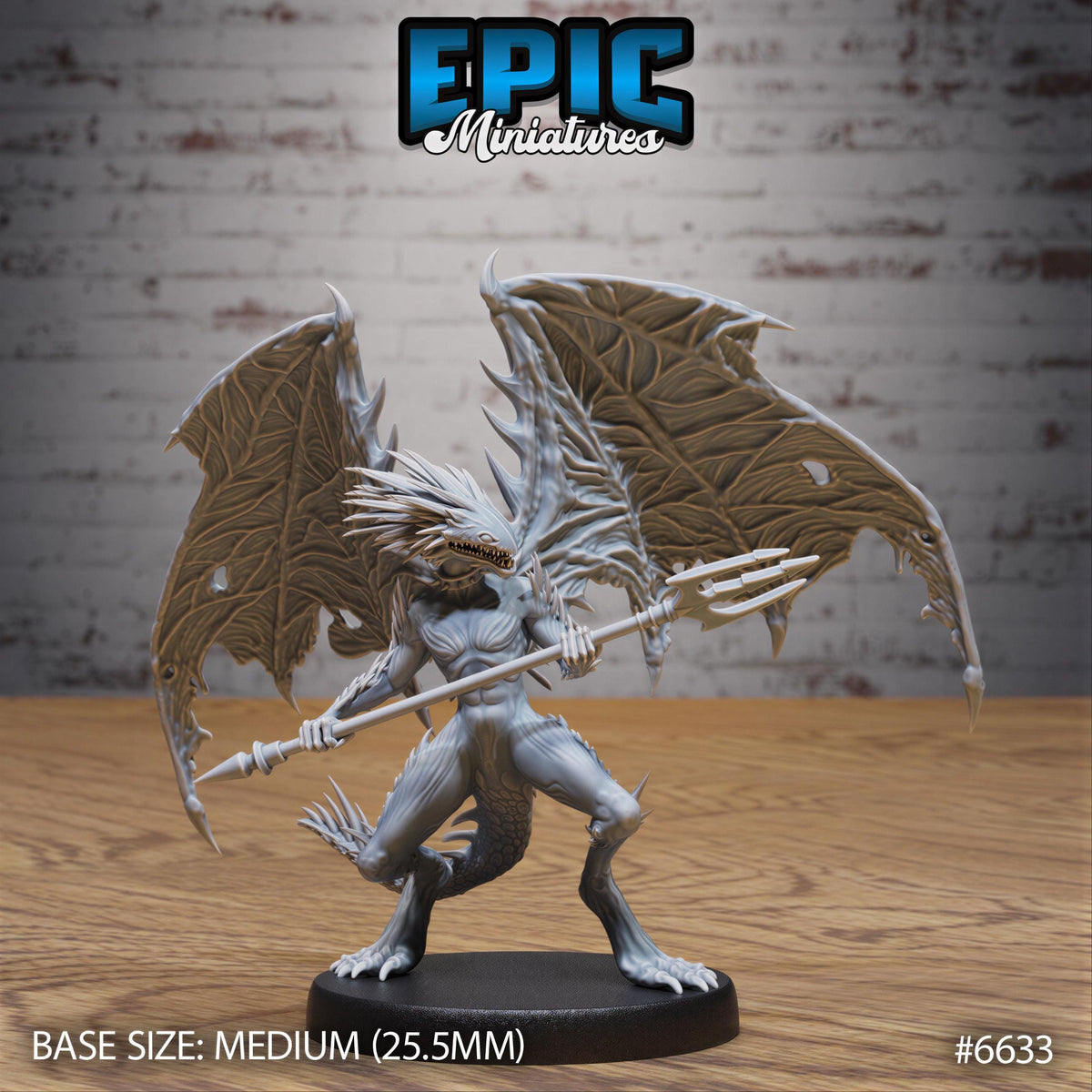 A figurine of a winged, armored creature with a spear in its hand, standing on a black base. The figurine appears to be a miniature model of a fantasy creature, possibly a dragon or a mythical beast.