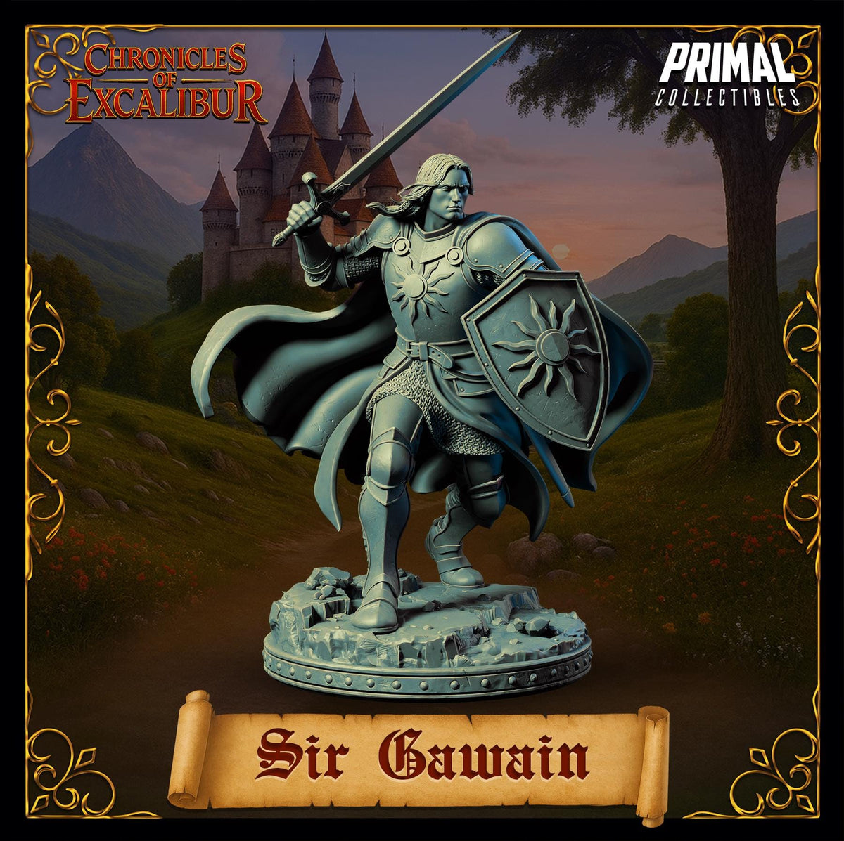 a statue of a knight in shining armor, standing in a medieval setting with a castle in the background.