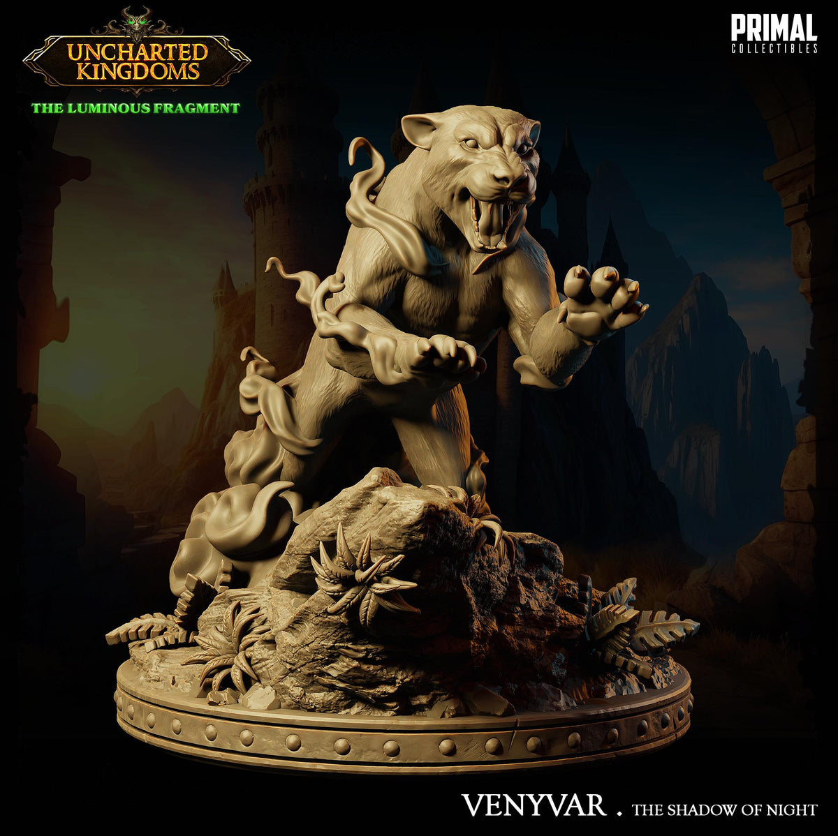The image is a 3D model of a lion statue, specifically Venyvar, from the video game "Uncharted Kingdoms: The Luminous Fragment".