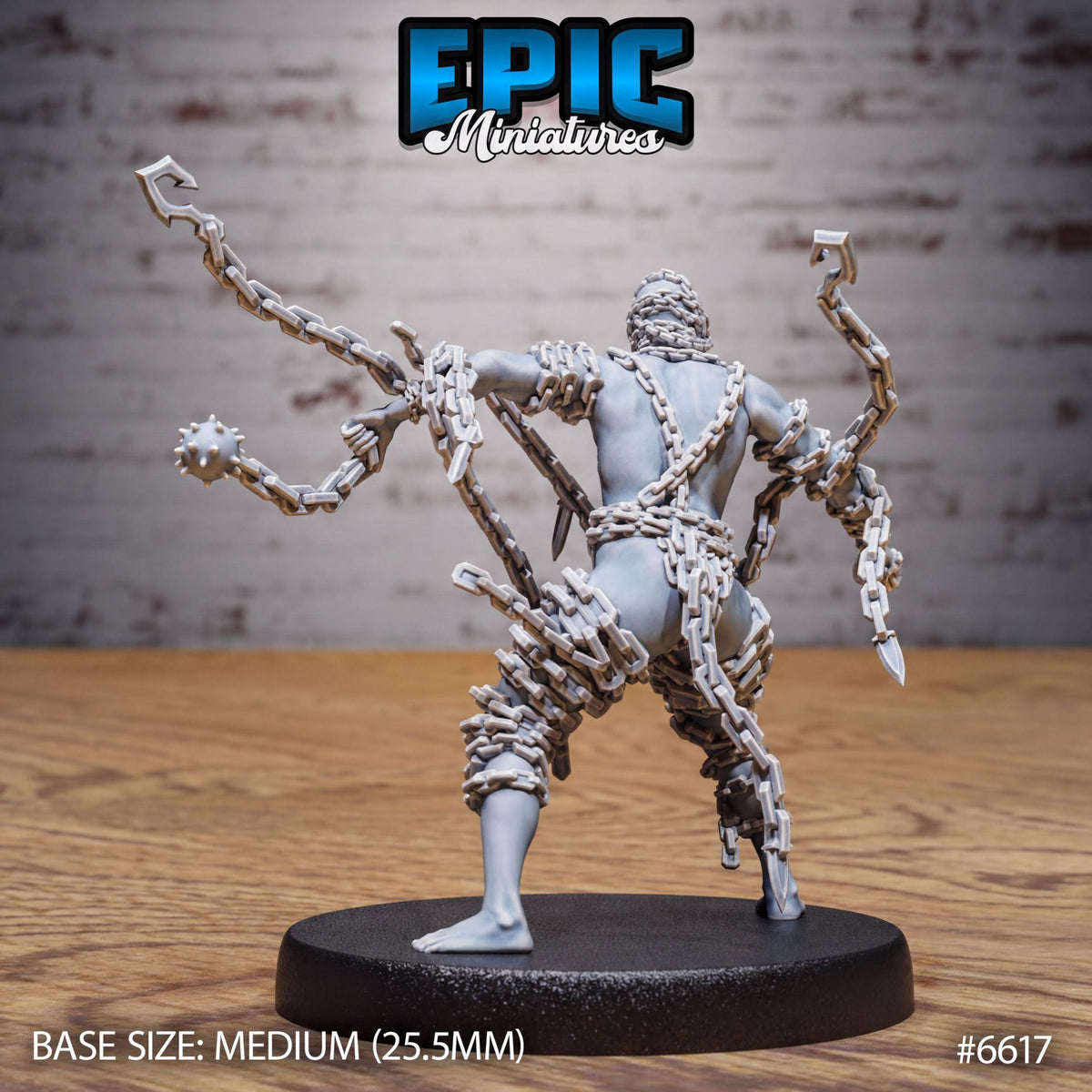 A figurine of a chained, armored figure with chains wrapped around it, standing on a black base.