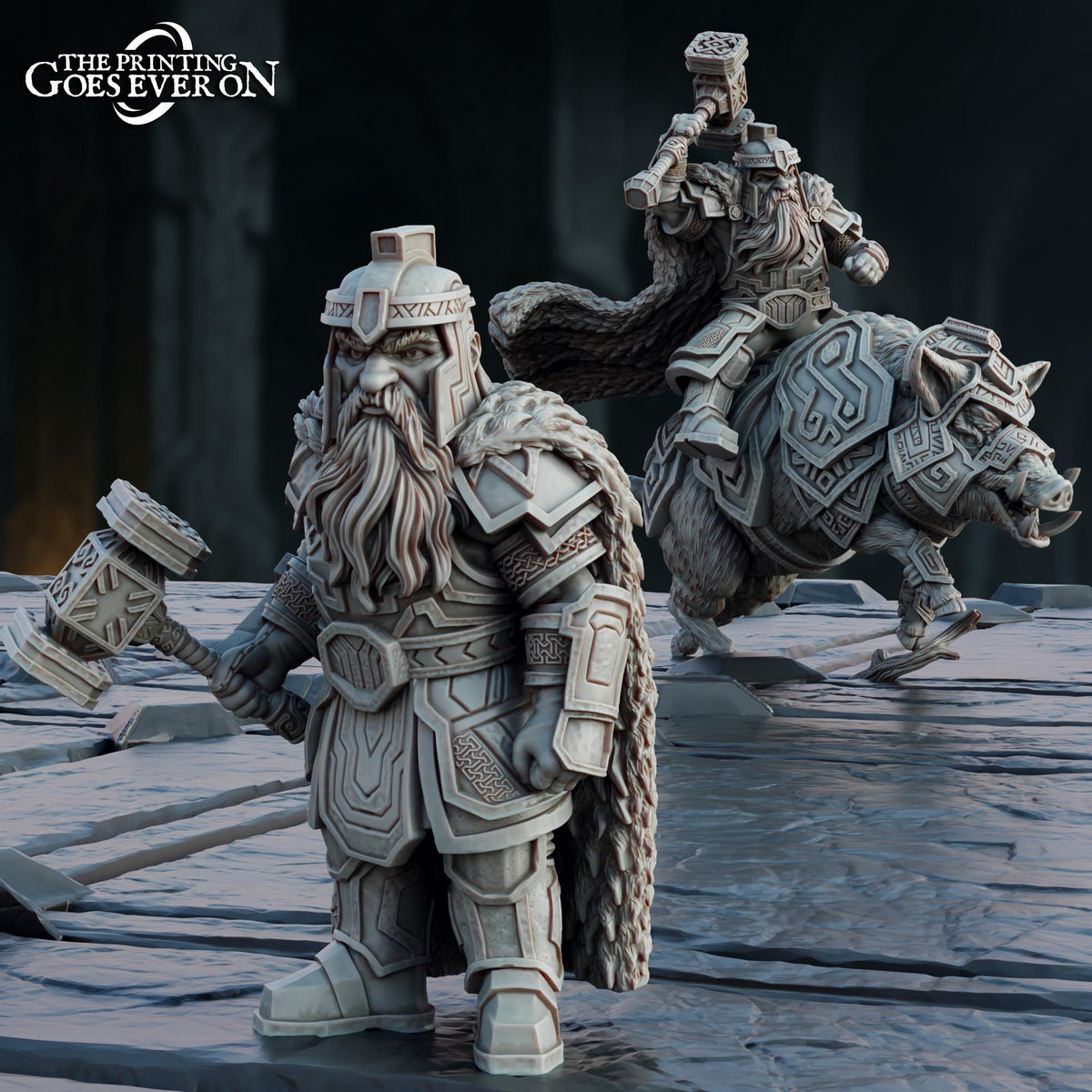 three detailed fantasy miniatures depicting characters from a fantasy setting, including a dwarf, a knight, and a dragon.